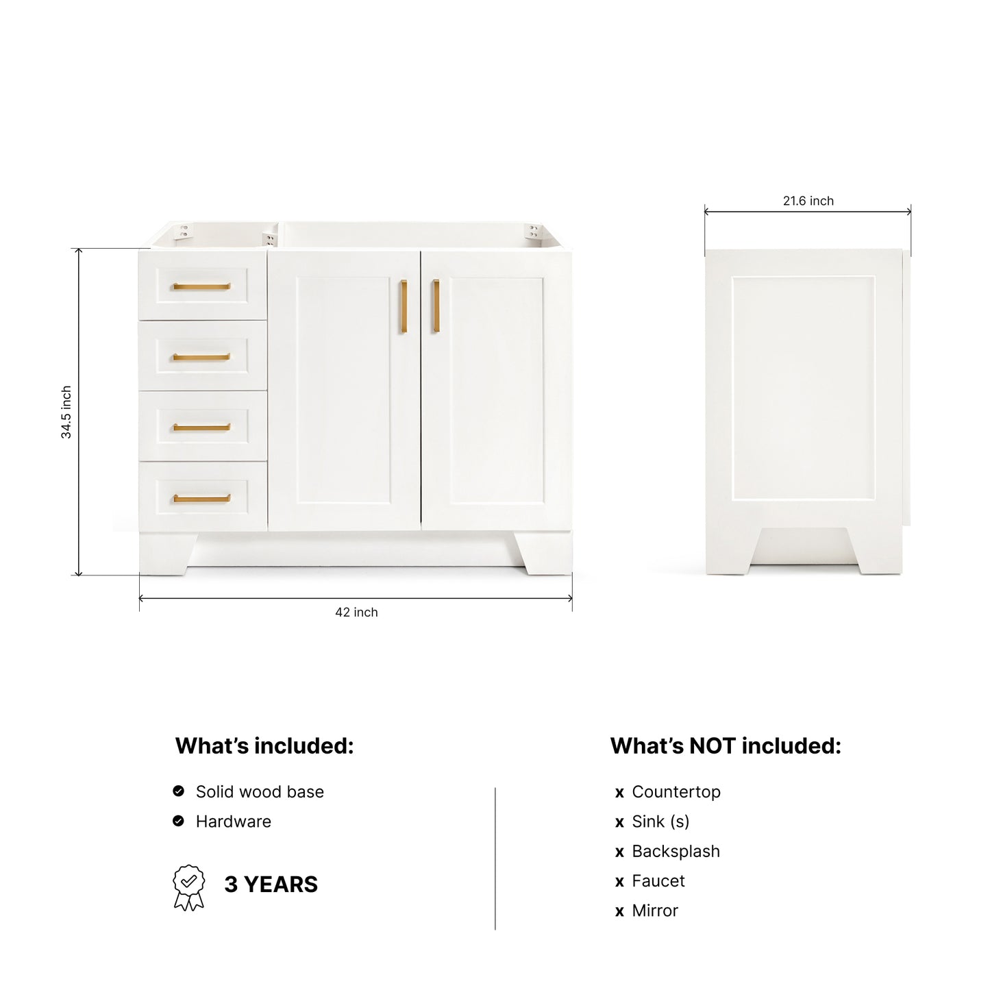 Emilia 42-inch White base cabinet on dimensions