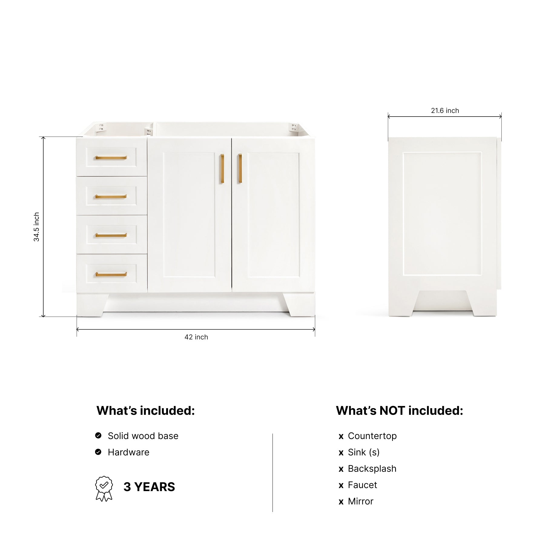 Emilia 42-inch White base cabinet on dimensions