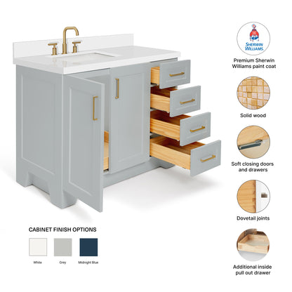 Emilia 42-Inch Grey bathroom vanity – feature highlights: solid wood frame, soft-close doors and drawers, Sherwin-Williams paint finish