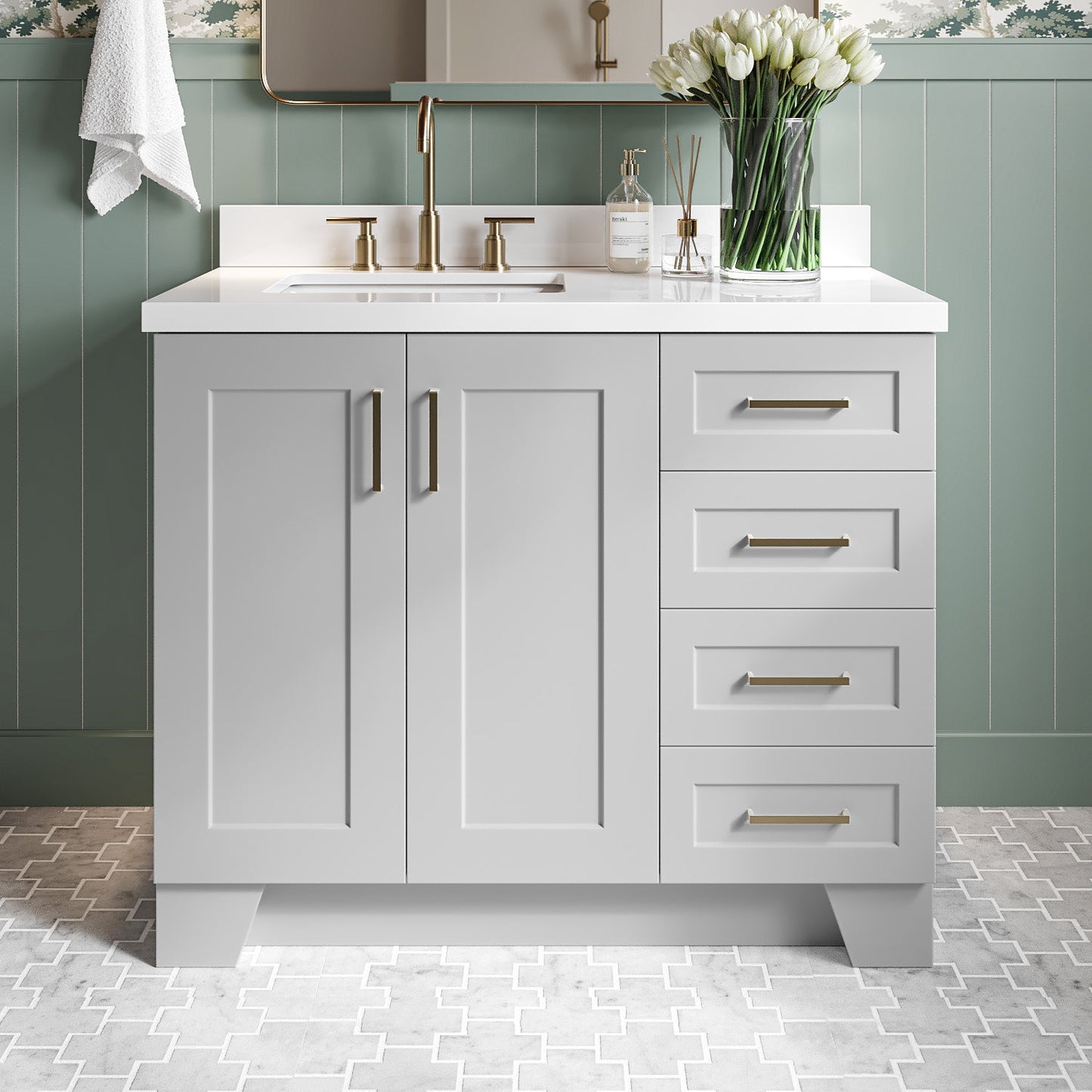 Emilia 42-Inch Grey bathroom vanity in styled bathroom setting
