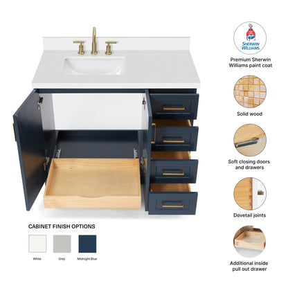 Emilia 42-Inch Midnight Blue bathroom vanity – feature highlights: solid wood frame, soft-close doors and drawers, Sherwin-Williams paint finish