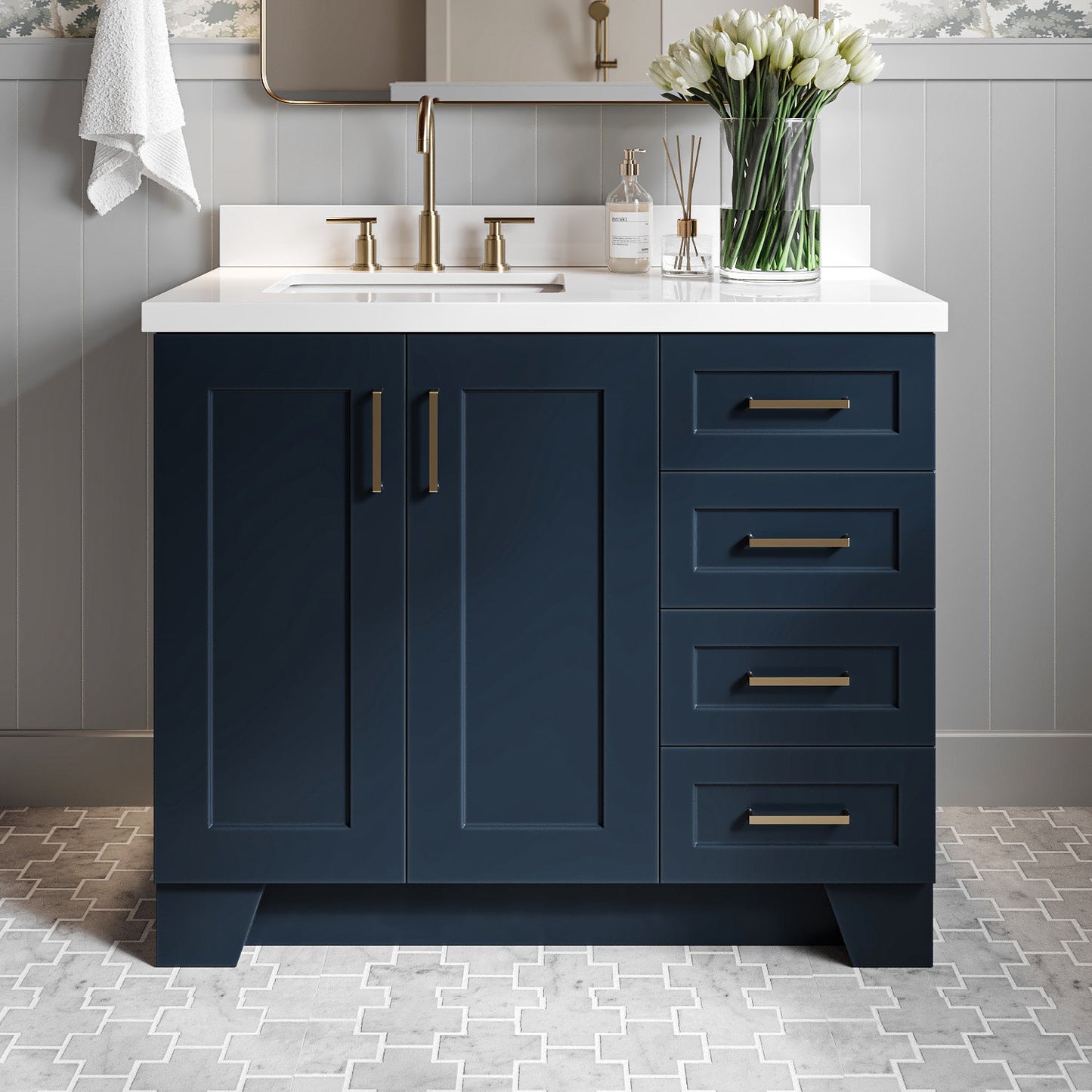 Emilia 42-Inch Midnight Blue bathroom vanity in styled bathroom setting