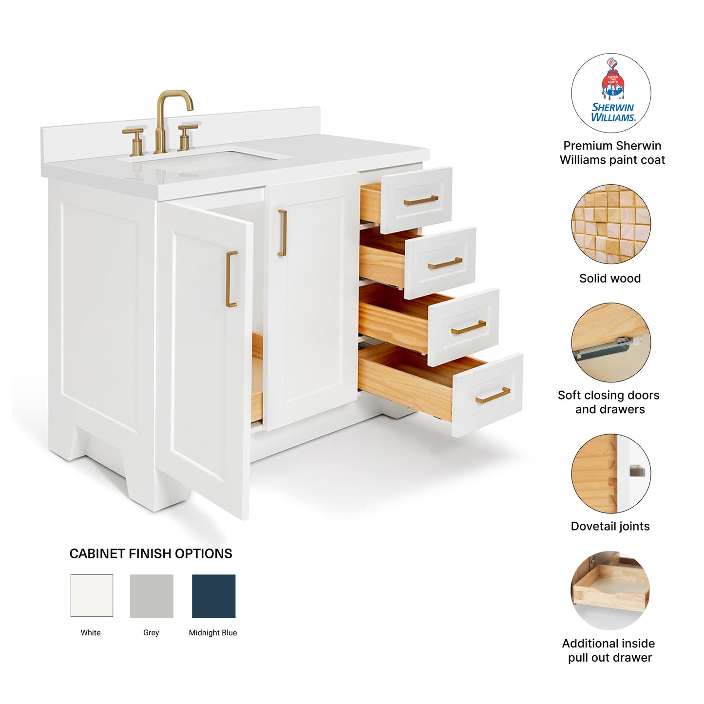 Emilia 42-Inch White bathroom vanity – feature highlights: solid wood frame, soft-close doors and drawers, Sherwin-Williams paint finish
