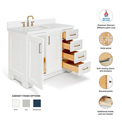 Emilia 42-Inch White bathroom vanity – feature highlights: solid wood frame, soft-close doors and drawers, Sherwin-Williams paint finish