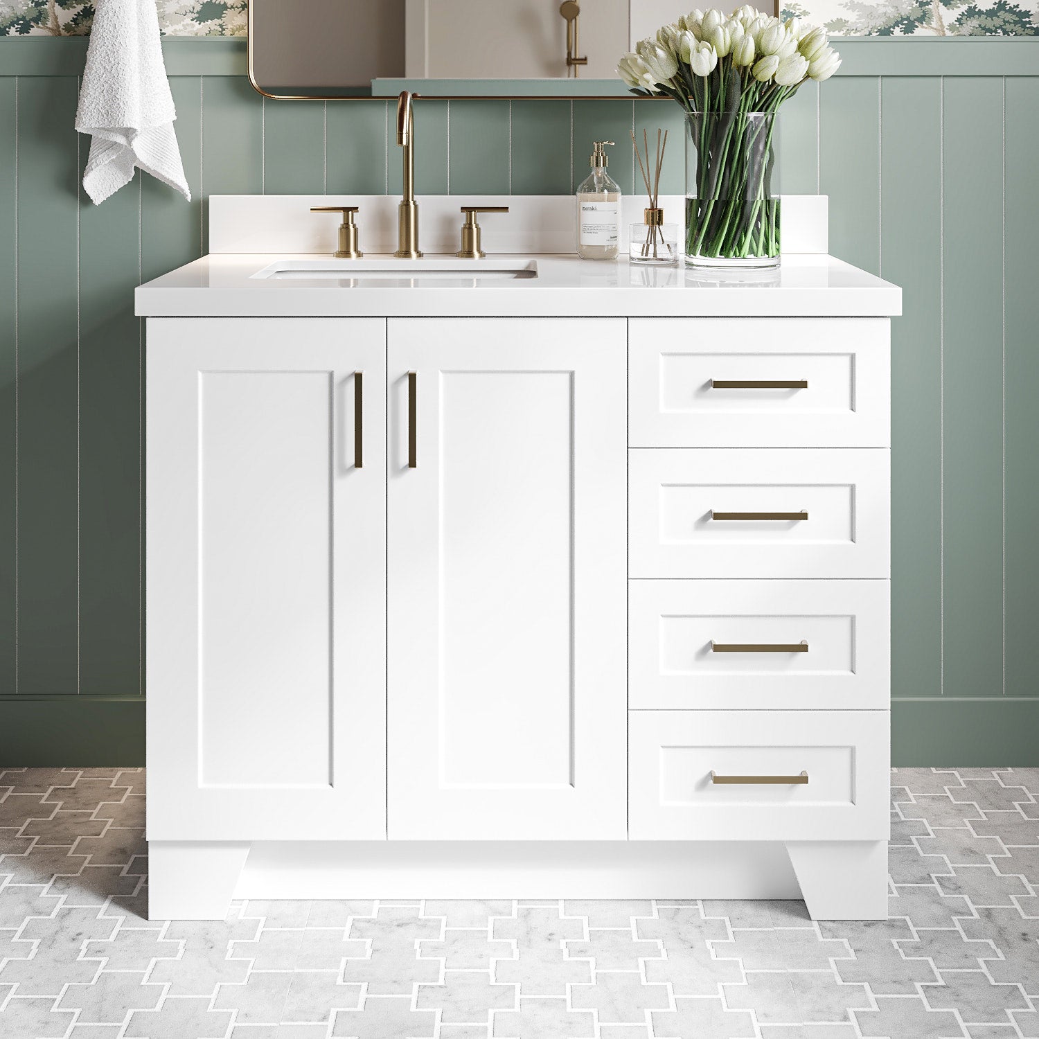 Emilia 42-Inch White bathroom vanity in styled bathroom setting