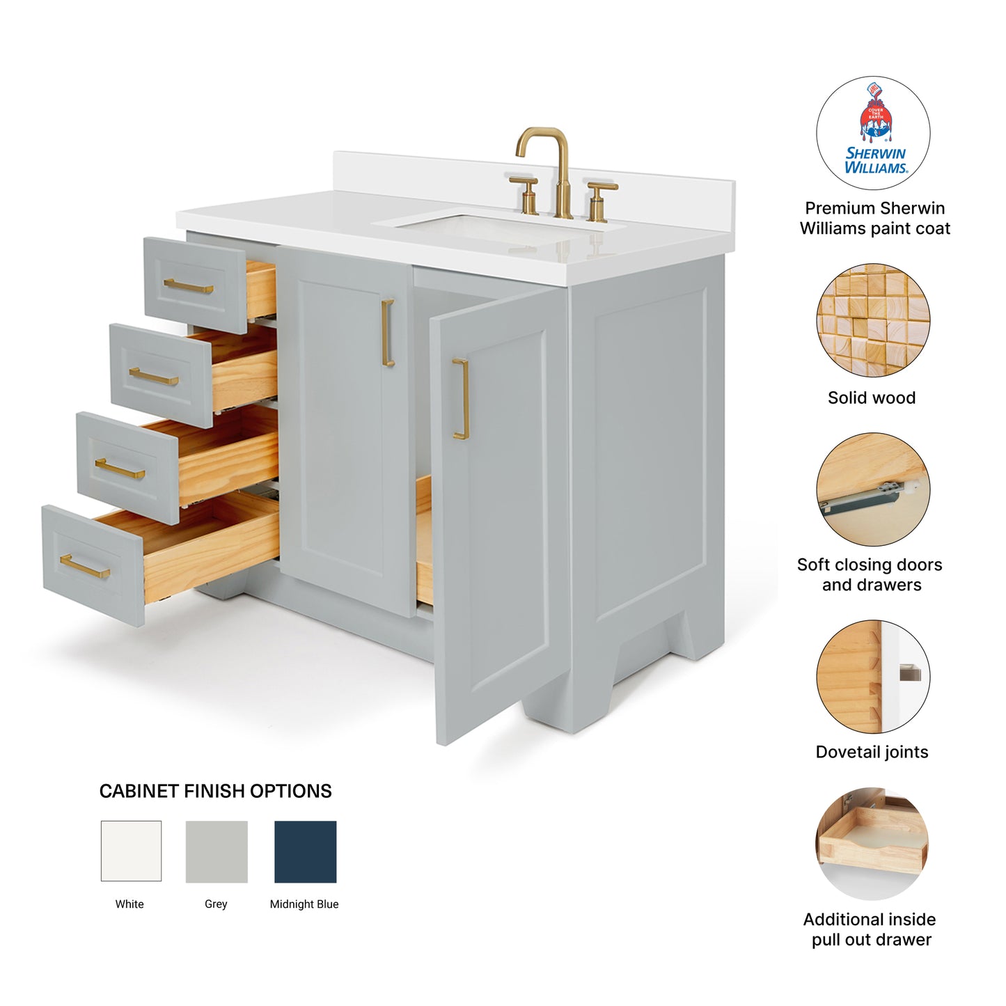 Emilia 42-Inch Grey bathroom vanity – feature highlights: solid wood frame, soft-close doors and drawers, Sherwin-Williams paint finish