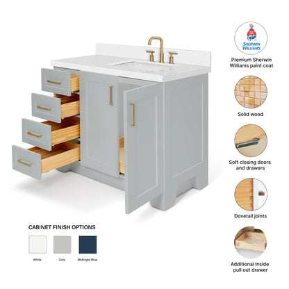 Emilia 42-Inch Grey bathroom vanity – feature highlights: solid wood frame, soft-close doors and drawers, Sherwin-Williams paint finish