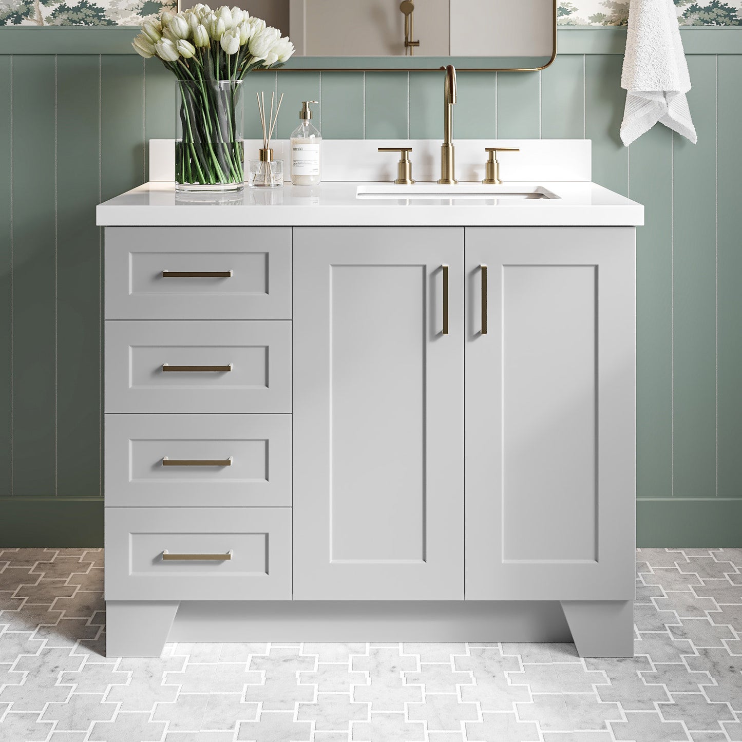 Emilia 42-Inch Grey bathroom vanity in styled bathroom setting