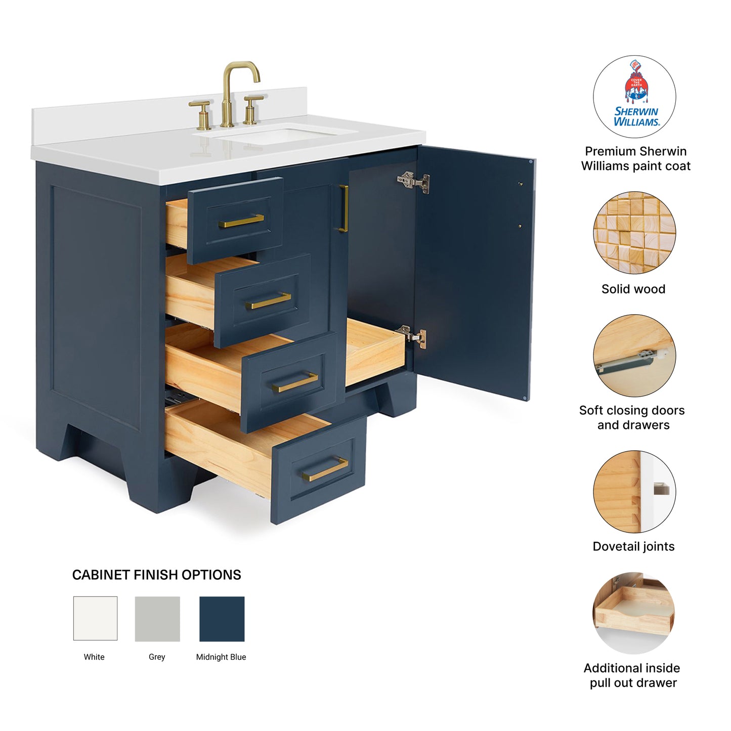 Emilia 42-Inch Midnight Blue bathroom vanity – feature highlights: solid wood frame, soft-close doors and drawers, Sherwin-Williams paint finish
