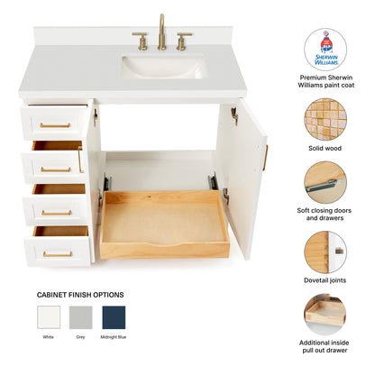 Emilia 42-Inch White bathroom vanity – feature highlights: solid wood frame, soft-close doors and drawers, Sherwin-Williams paint finish