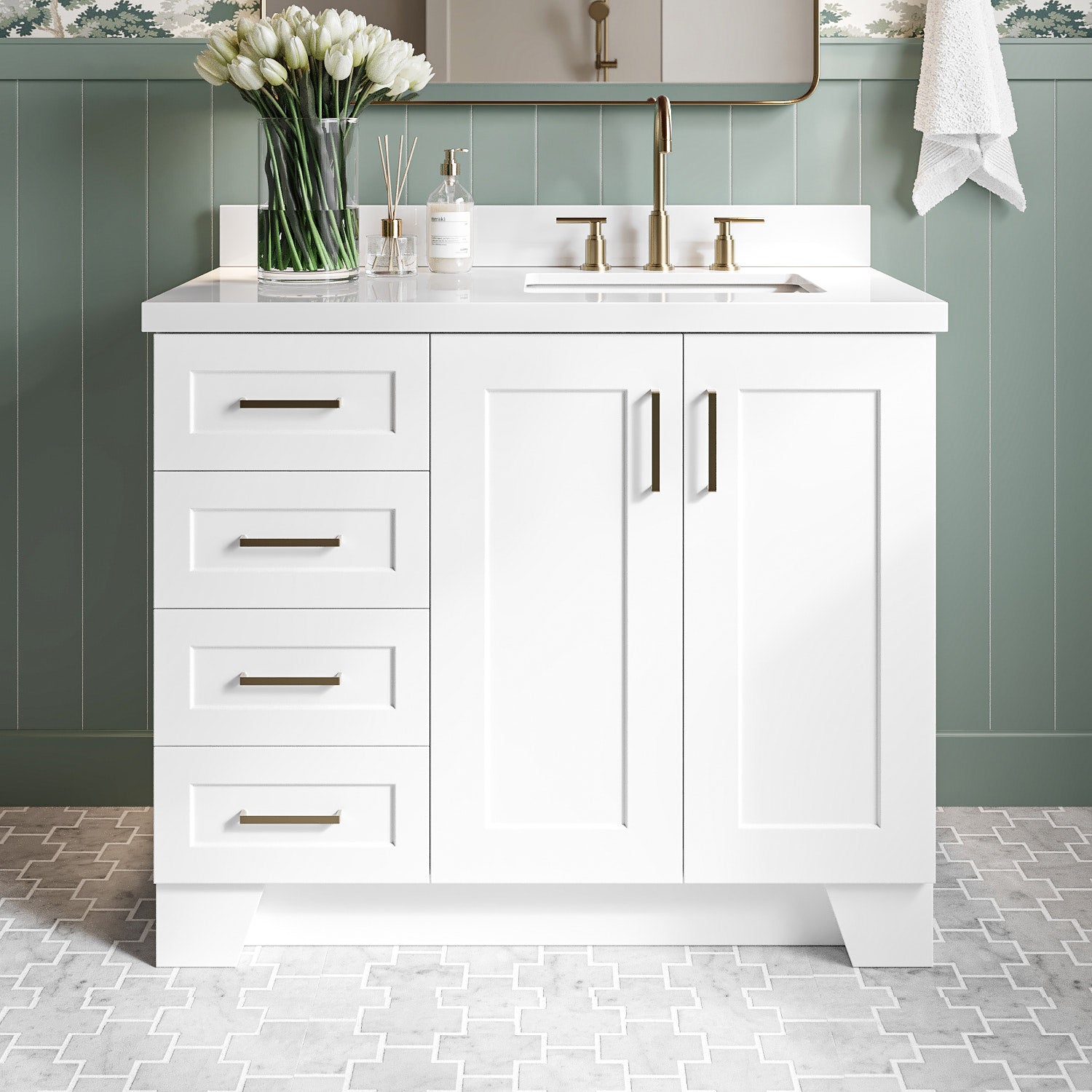 Emilia 42-Inch White bathroom vanity in styled bathroom setting