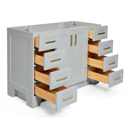 Emilia 48-inch Grey base cabinet on white back ground side view open door