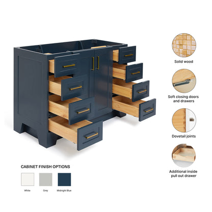 Emilia 48-inch Midnight Blue base cabinet on feature highlights: solid wood frame, soft-close doors and drawers, Sherwin-Williams paint finish