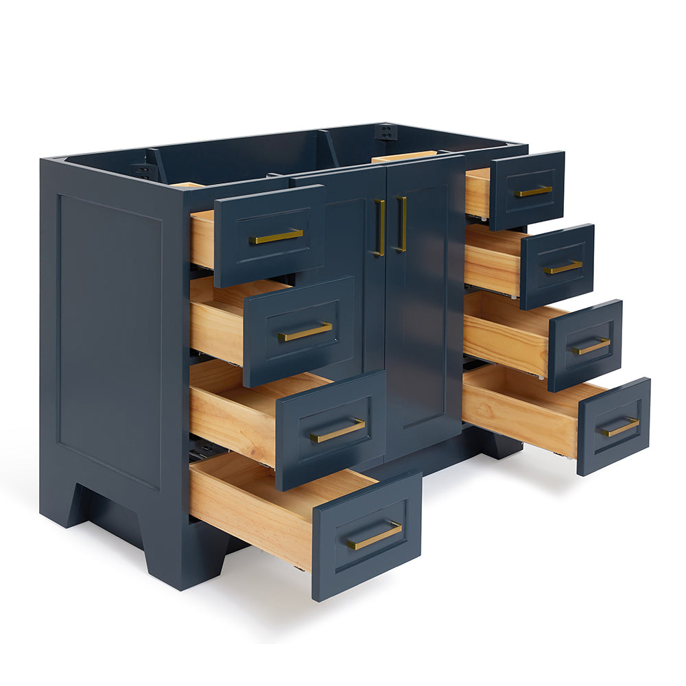 Emilia 48-inch Midnight Blue base cabinet on white back ground side view open door