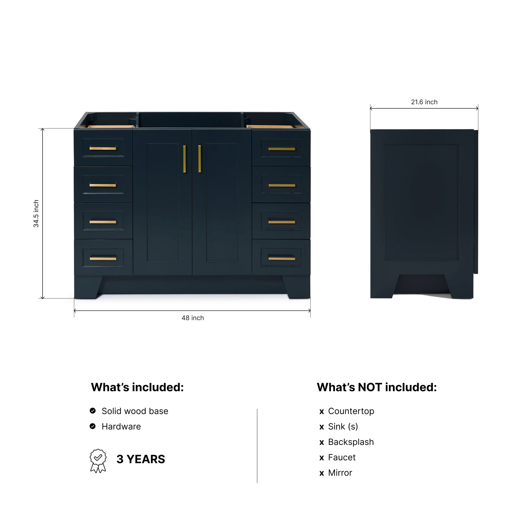 Emilia 48-inch Midnight Blue base cabinet on dimensions