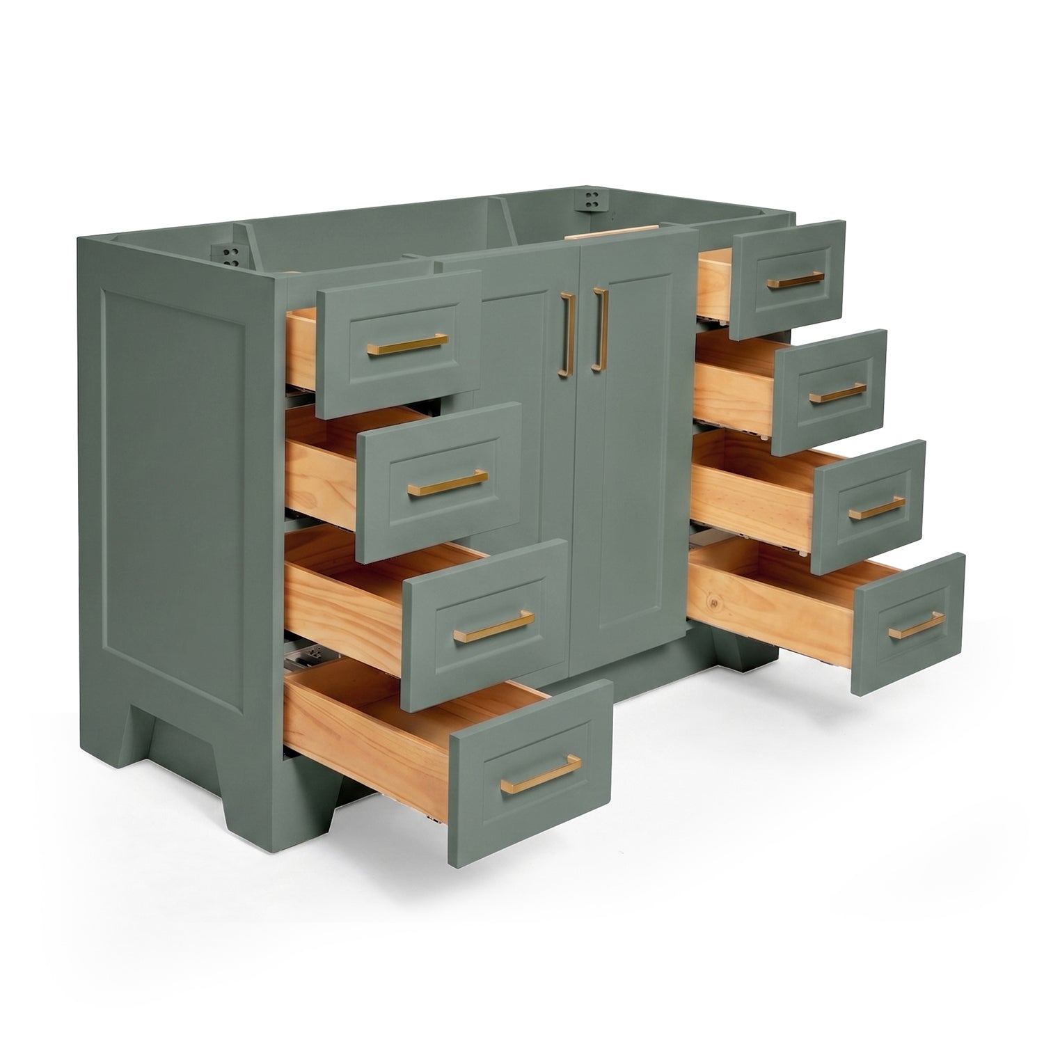 Emilia 48-inch Vintage Green base cabinet on white back ground side view open door