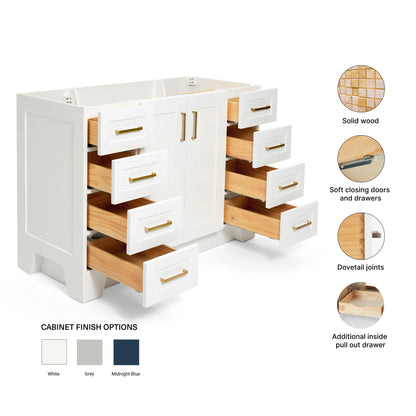Emilia 48-inch White base cabinet on feature highlights: solid wood frame, soft-close doors and drawers, Sherwin-Williams paint finish