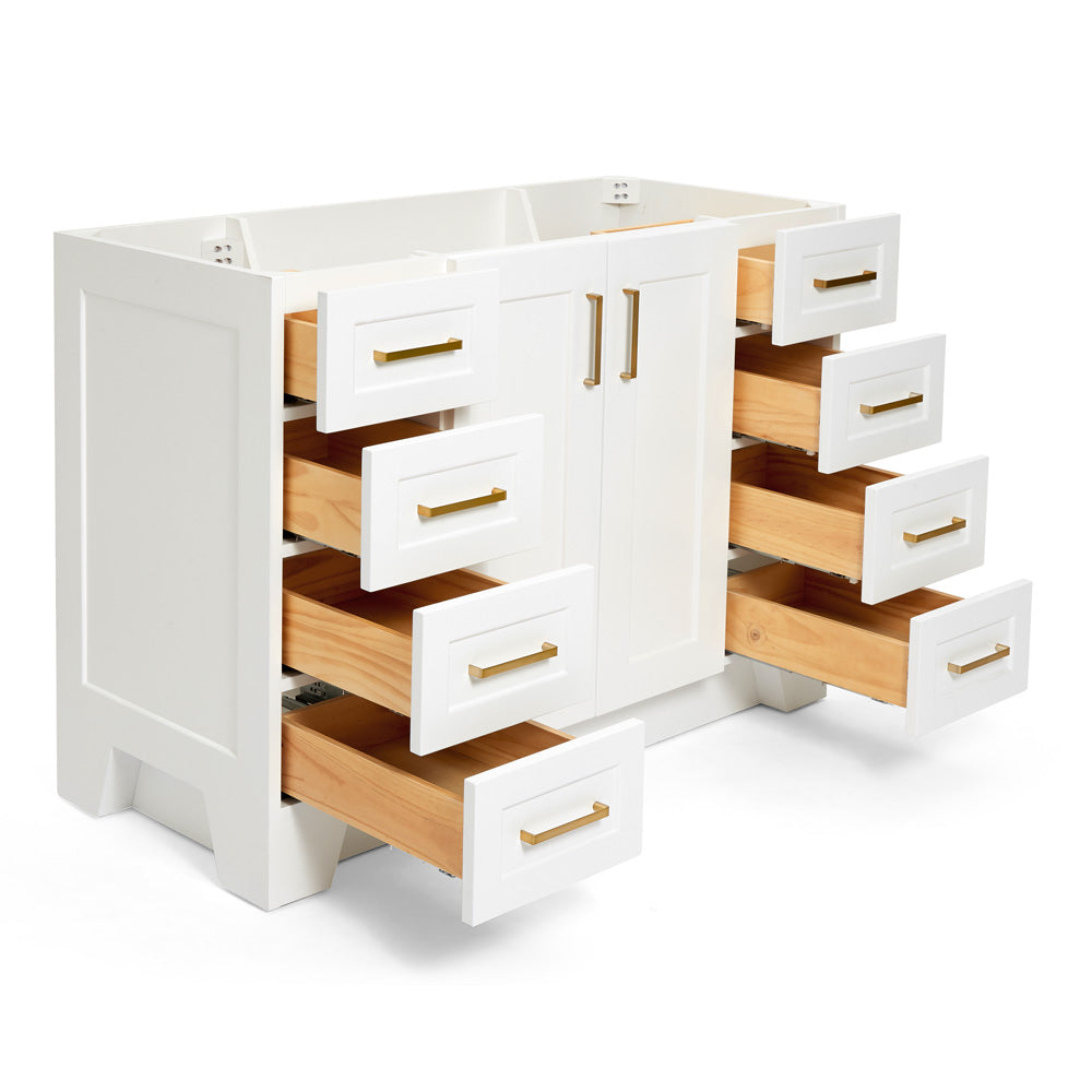 Emilia 48-inch White base cabinet on white back ground side view open door