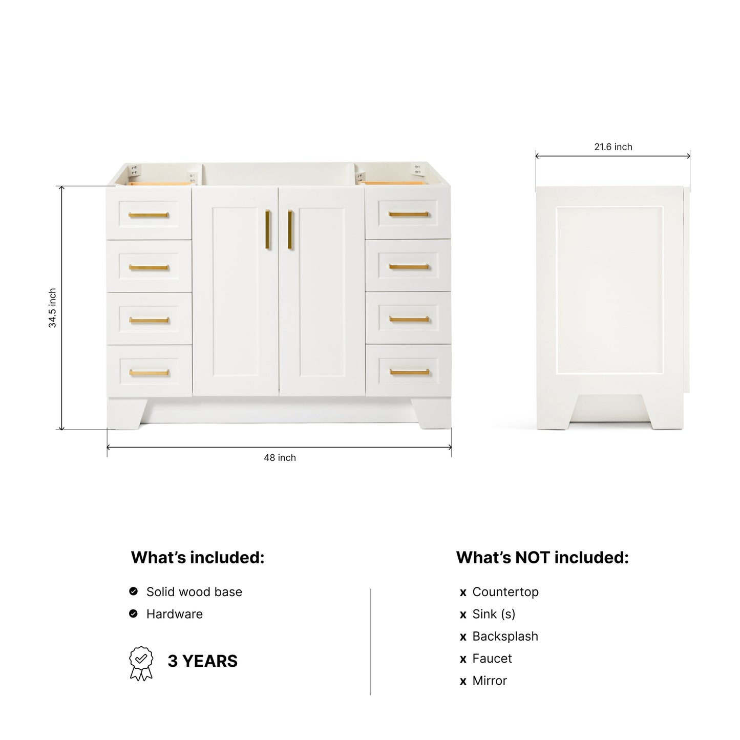 Emilia 48-inch White base cabinet on dimensions