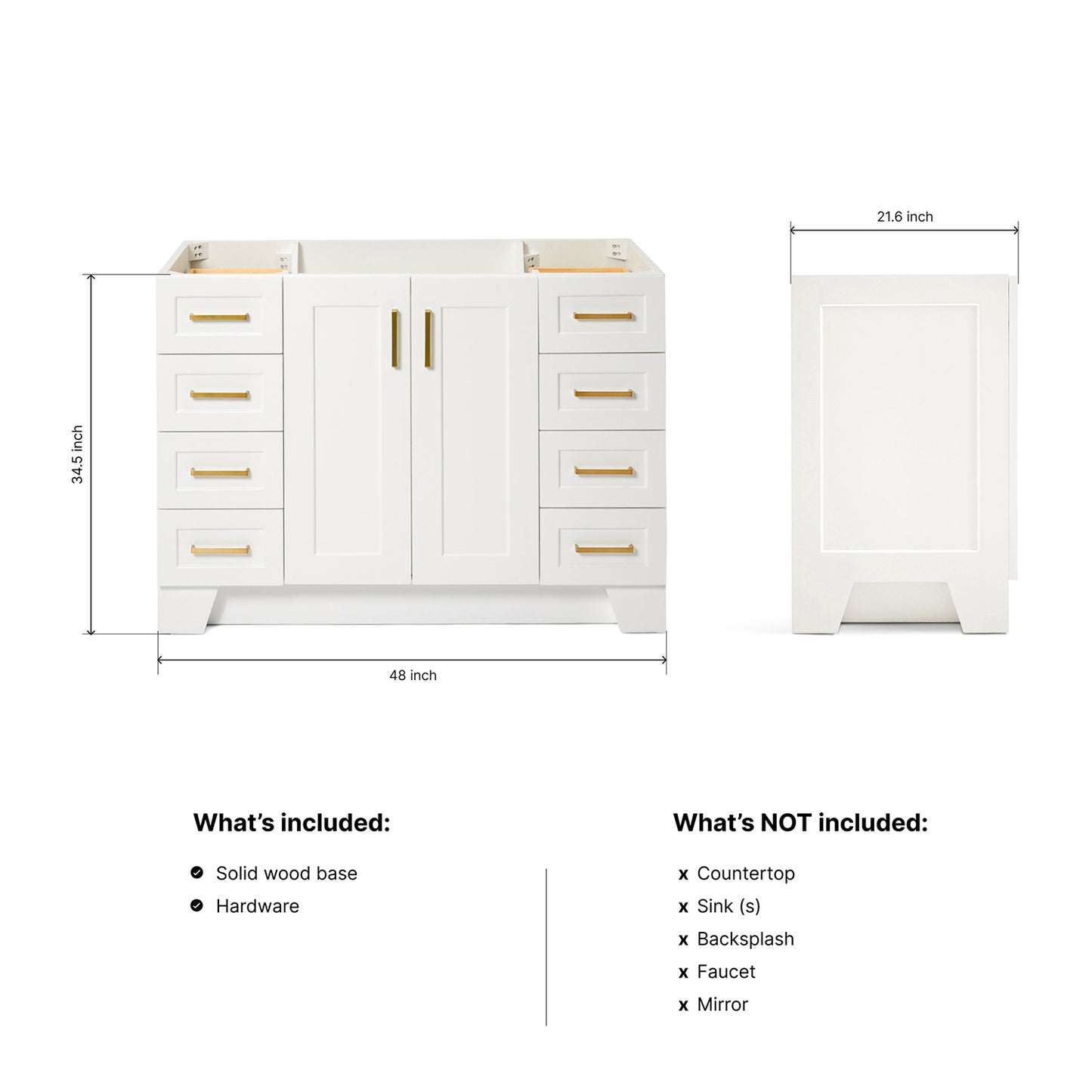 Emilia 48-inch White base cabinet on dimensions