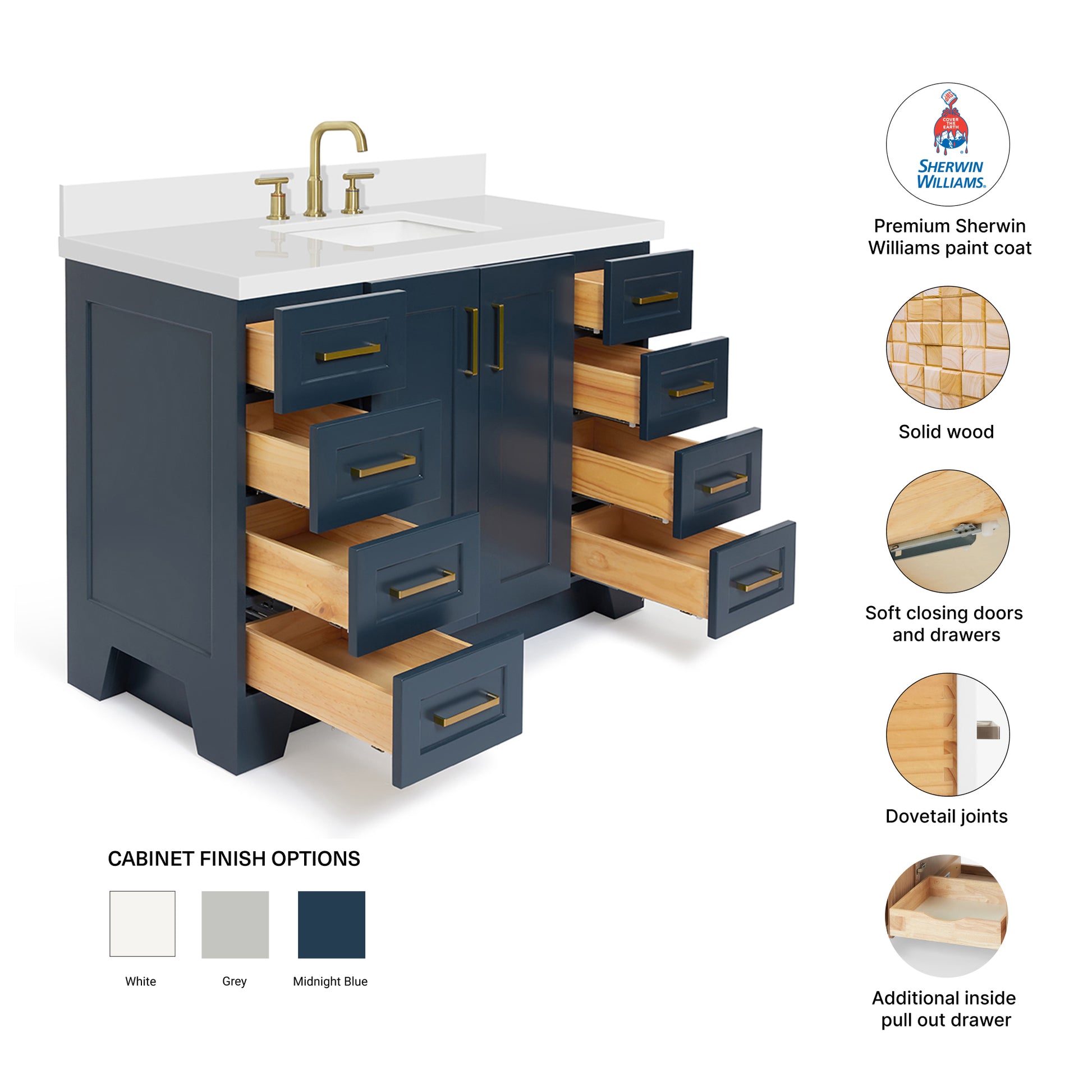 Emilia 48-Inch Midnight Blue bathroom vanity – feature highlights: solid wood frame, soft-close doors and drawers, Sherwin-Williams paint finish