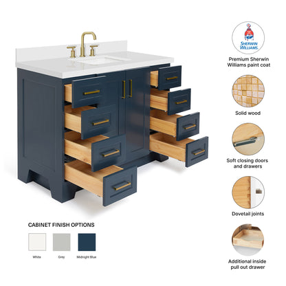 Emilia 48-Inch Midnight Blue bathroom vanity – feature highlights: solid wood frame, soft-close doors and drawers, Sherwin-Williams paint finish