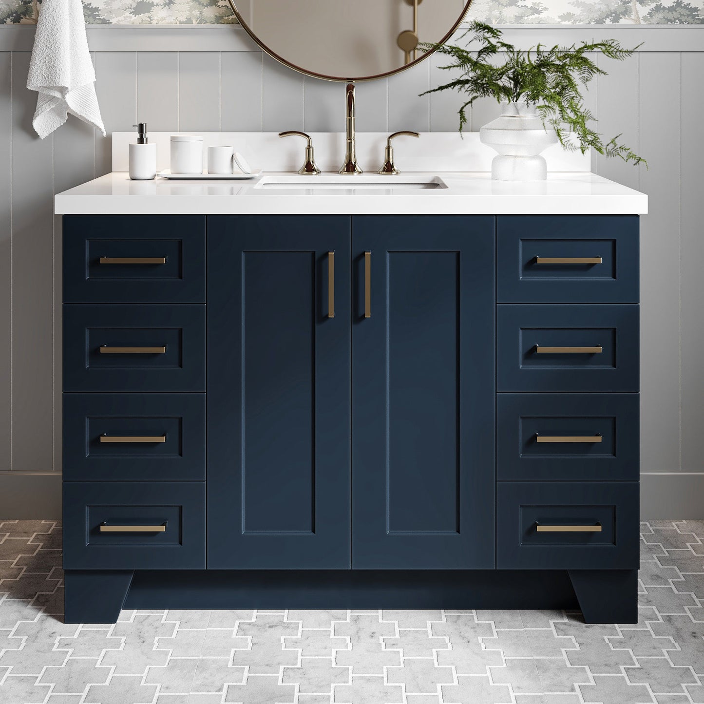 Emilia 48-Inch Midnight Blue bathroom vanity in styled bathroom setting