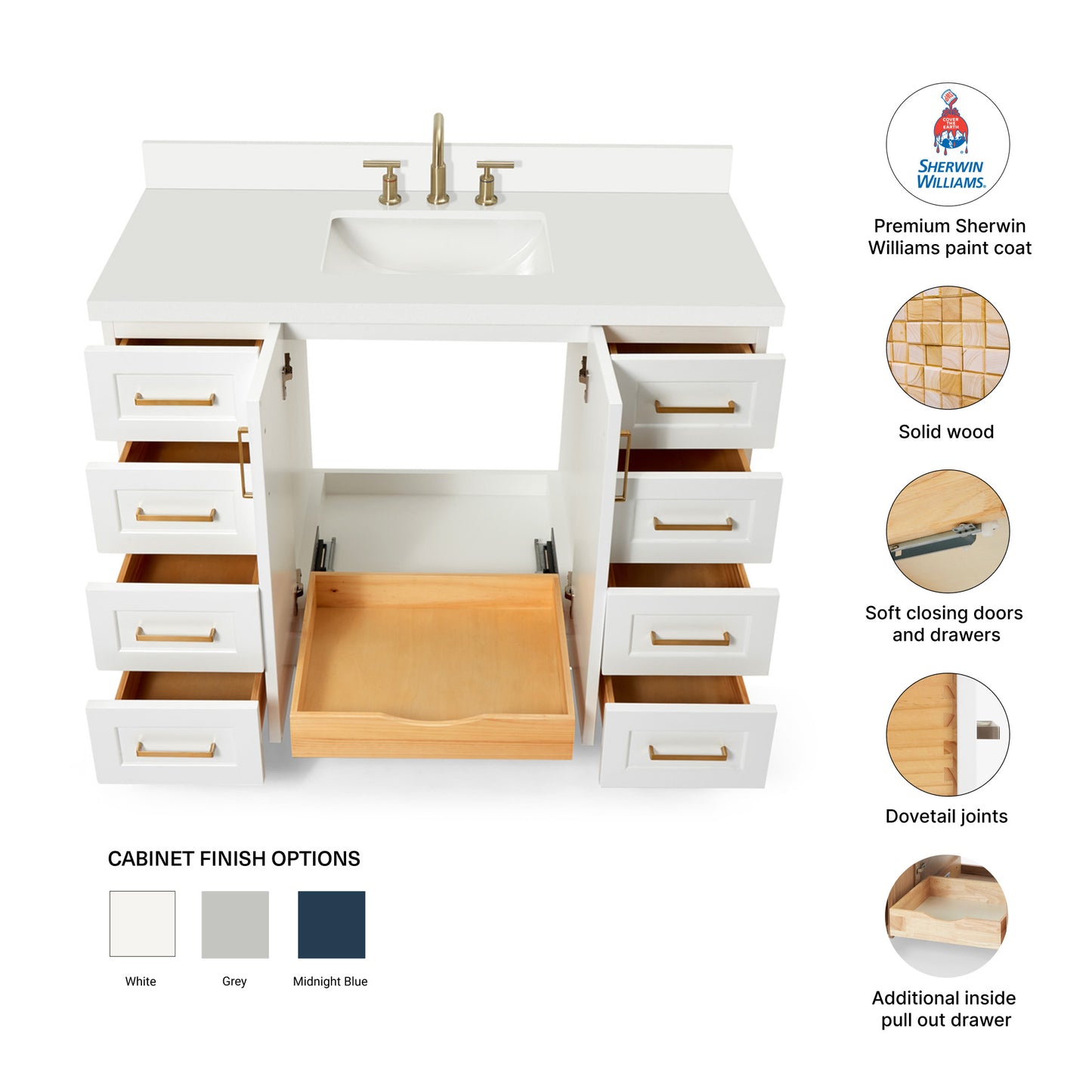 Emilia 48-Inch White bathroom vanity – feature highlights: solid wood frame, soft-close doors and drawers, Sherwin-Williams paint finish