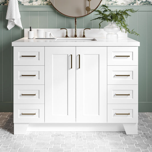 Emilia 48-Inch White bathroom vanity in styled bathroom setting