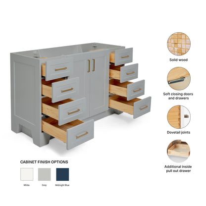 Emilia 54-inch Grey base cabinet on feature highlights: solid wood frame, soft-close doors and drawers, Sherwin-Williams paint finish