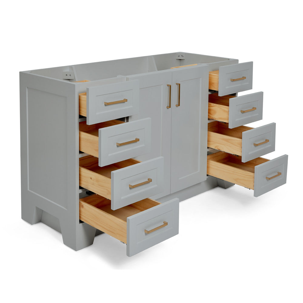 Emilia 54-inch Grey base cabinet on white back ground side view open door