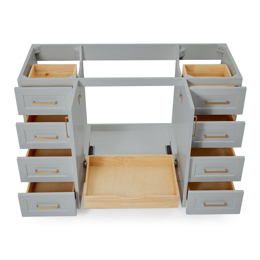Emilia 54-inch Grey base cabinet on white back ground front view open door