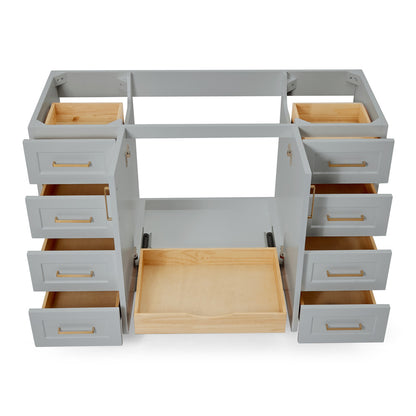 Emilia 54-inch Grey base cabinet on white back ground front view open door