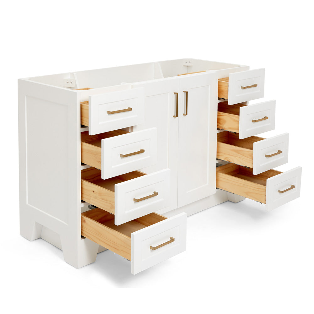Emilia 54-inch White base cabinet on white back ground side view open door