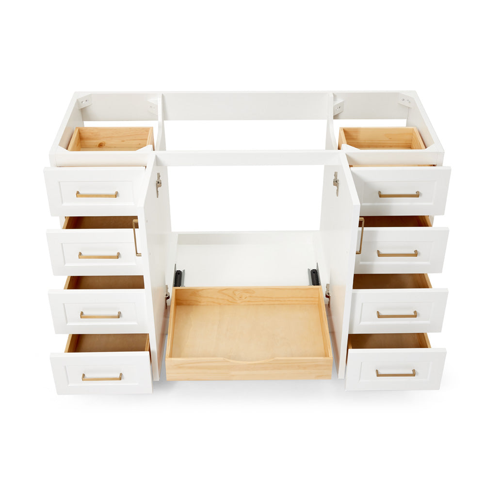 Emilia 54-inch White base cabinet on white back ground front view open door
