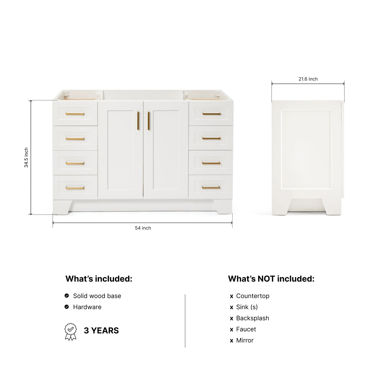 Emilia 54-inch White base cabinet on dimensions