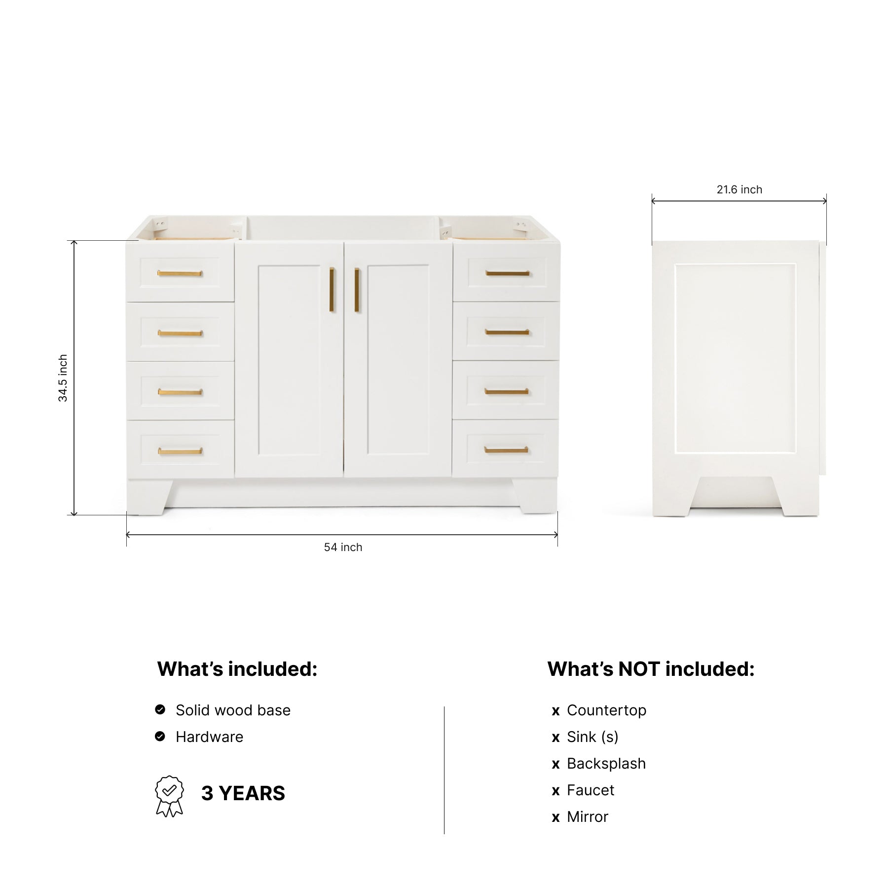 Emilia 54-inch White base cabinet on dimensions