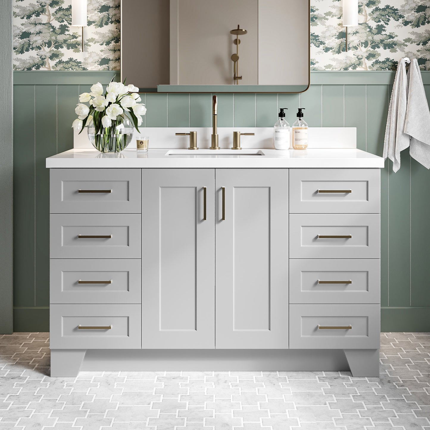 Emilia 54-Inch Grey bathroom vanity in styled bathroom setting