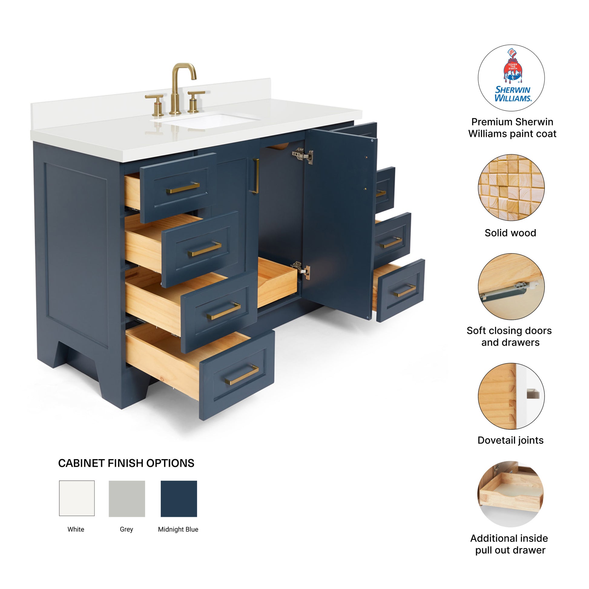 Emilia 54-Inch Midnight Blue bathroom vanity – feature highlights: solid wood frame, soft-close doors and drawers, Sherwin-Williams paint finish