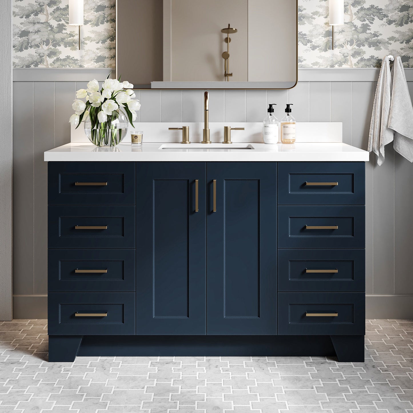 Emilia 54-Inch Midnight Blue bathroom vanity in styled bathroom setting