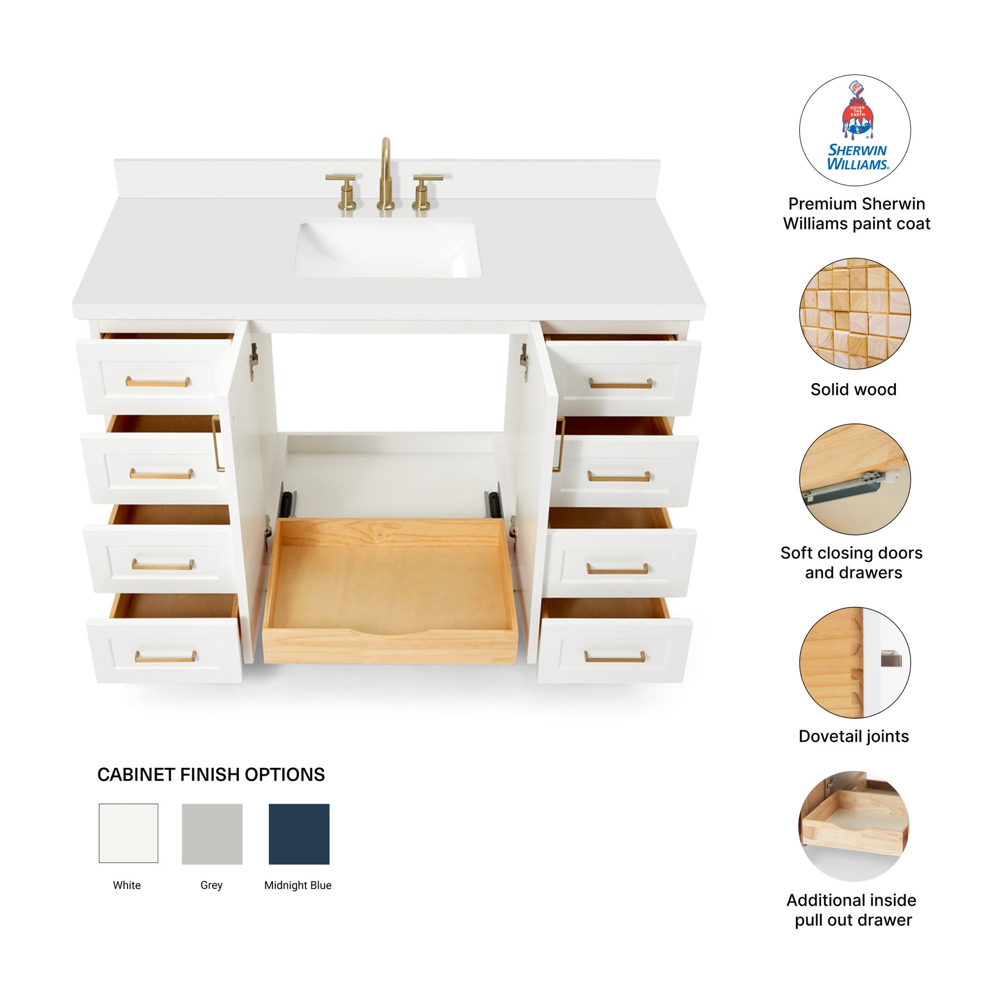 Emilia 54-Inch White bathroom vanity – feature highlights: solid wood frame, soft-close doors and drawers, Sherwin-Williams paint finish