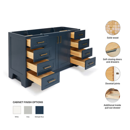 Emilia 60-inch Midnight Blue base cabinet on feature highlights: solid wood frame, soft-close doors and drawers, Sherwin-Williams paint finish