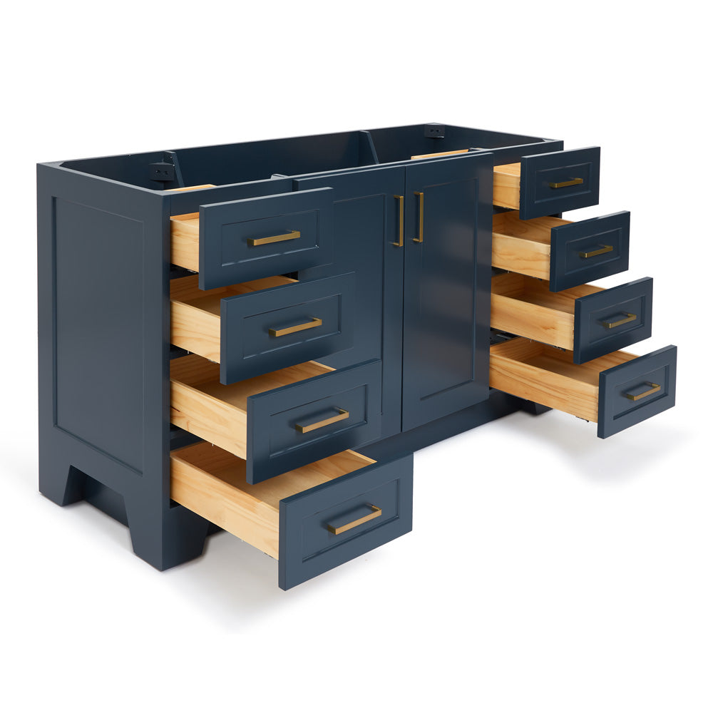 Emilia 60-inch Midnight Blue base cabinet on white back ground side view open door