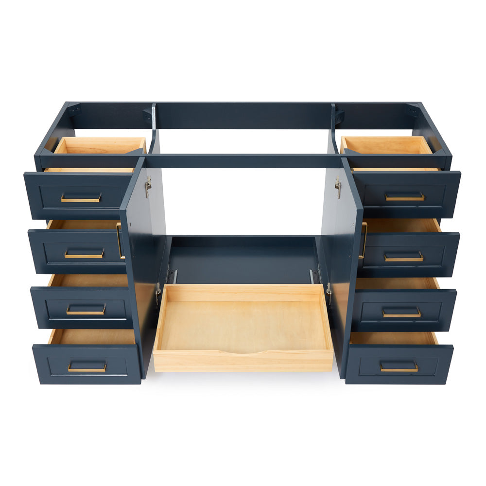 Emilia 60-inch Midnight Blue base cabinet on white back ground front view open door