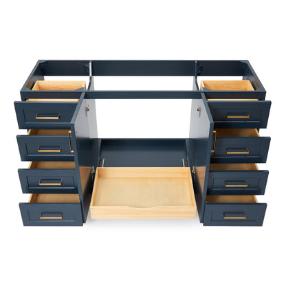 Emilia 60-inch Midnight Blue base cabinet on white back ground front view open door