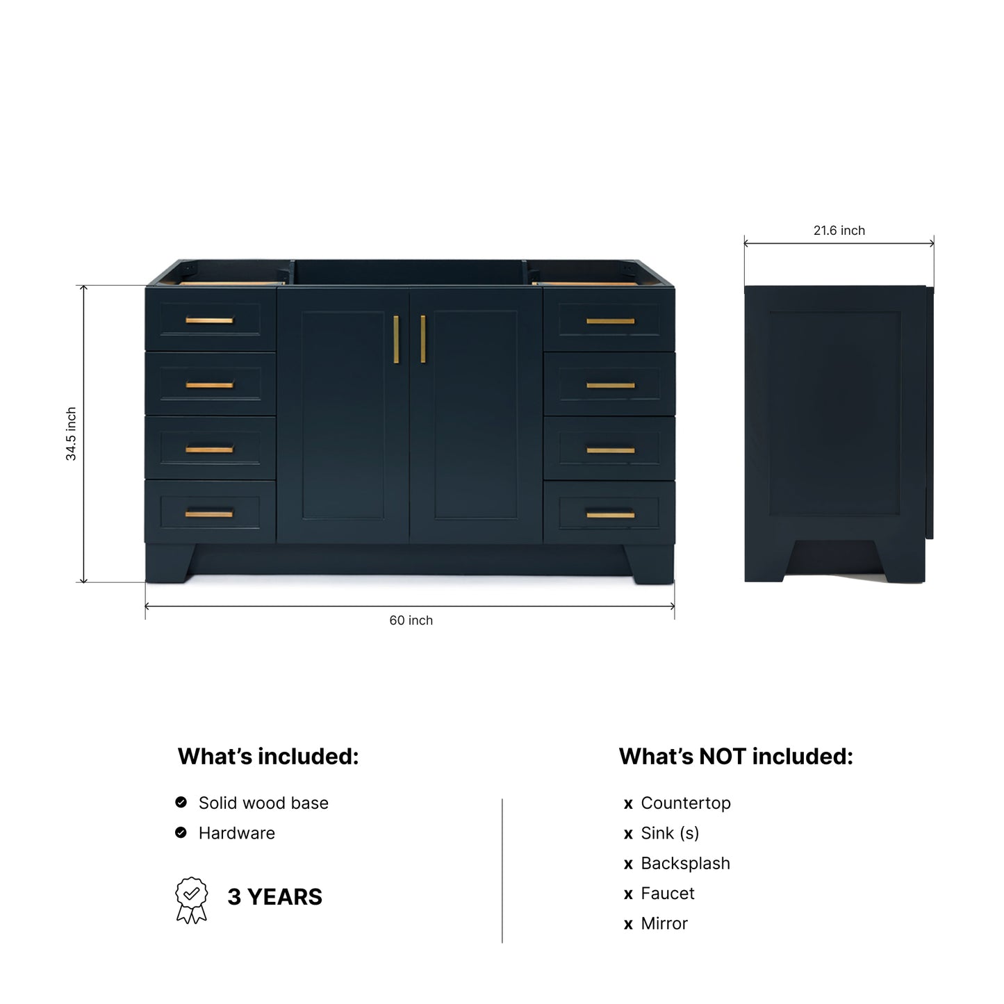 Emilia 60-inch Midnight Blue base cabinet on dimensions