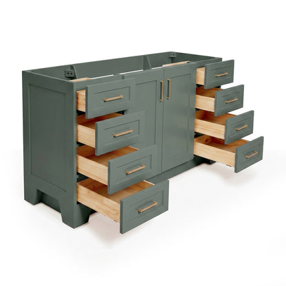 Emilia 60-inch Vintage Green base cabinet on white back ground side view open door