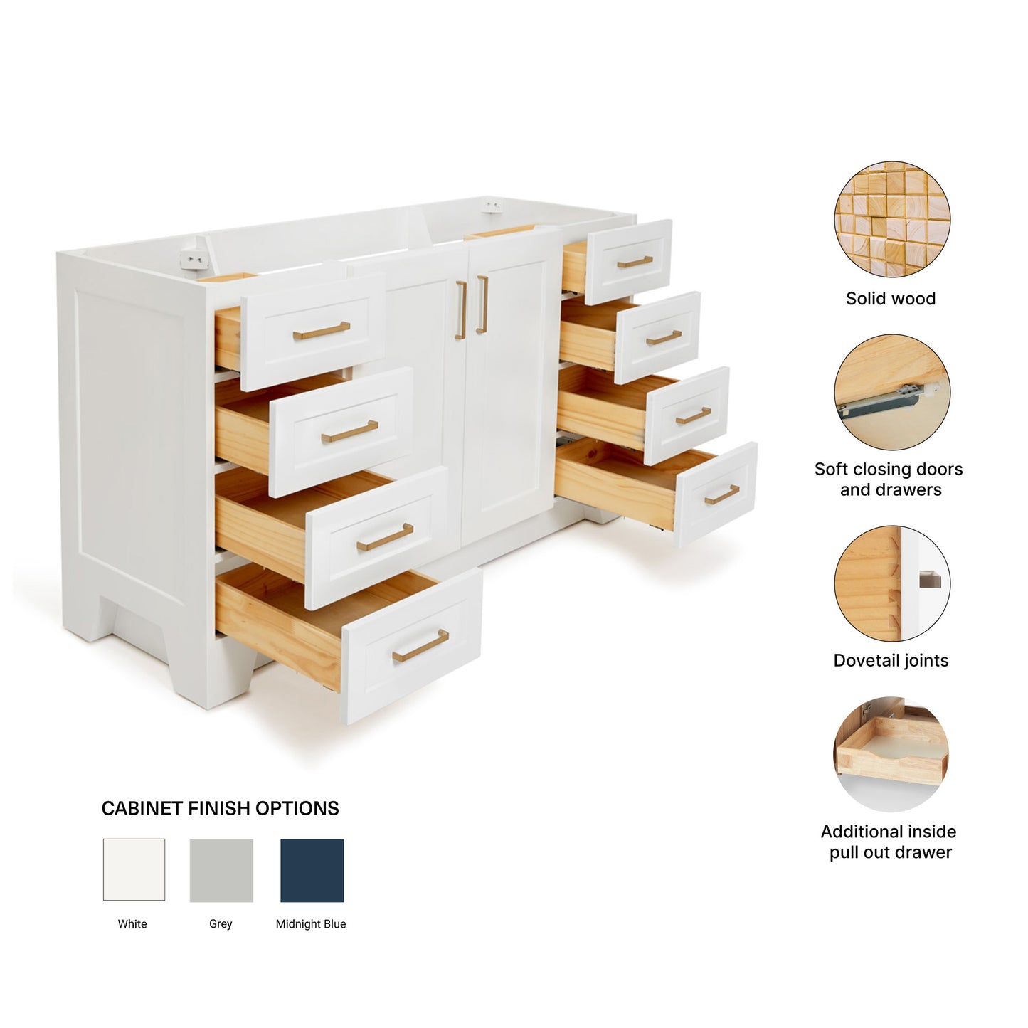 Emilia 60-inch White base cabinet on feature highlights: solid wood frame, soft-close doors and drawers, Sherwin-Williams paint finish