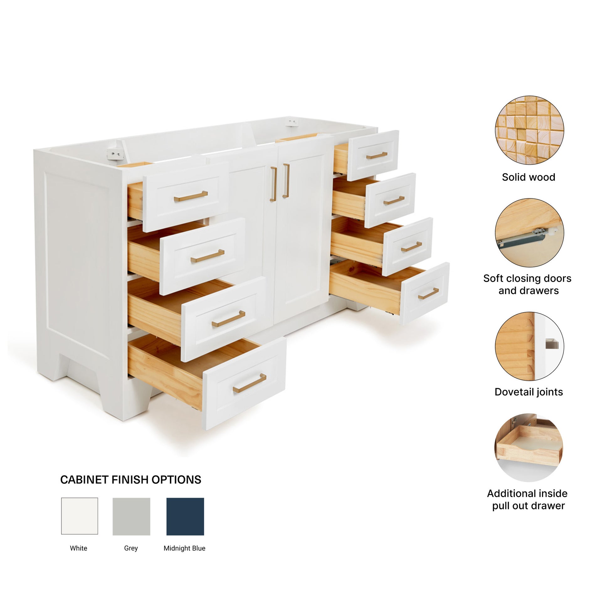 Emilia 60-inch White base cabinet on feature highlights: solid wood frame, soft-close doors and drawers, Sherwin-Williams paint finish