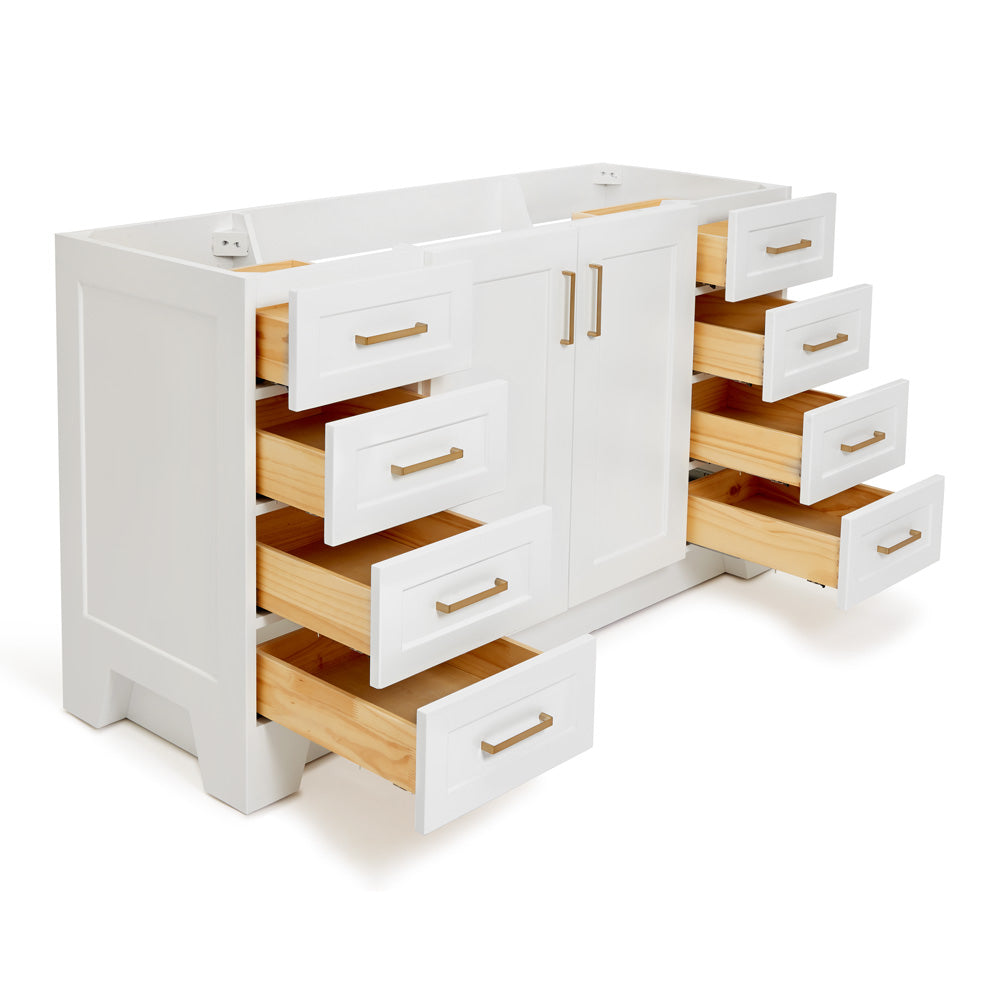 Emilia 60-inch White base cabinet on white back ground side view open door